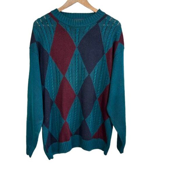 VTG Par Four Golf Argyle Mens Sweater M/L Blue Maroon Long Sleeve Cotton Blend - Picture 1 of 4